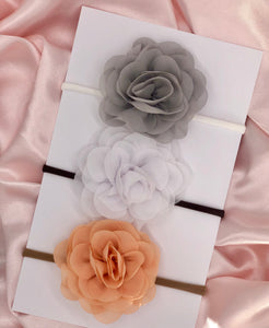 Grey / White / Peach Shades - Chiffon Flower Bow
